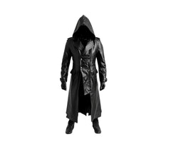 Handmade Black Leather Creed Hooded Coat For Cosplay - Pure Cowhide Leather Steampunk Long Coat - Leather Winter Medieval Cosplay OverCoat