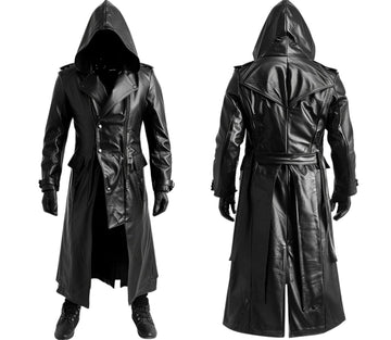 Handmade Black Leather Creed Hooded Coat For Cosplay - Pure Cowhide Leather Steampunk Long Coat - Leather Winter Medieval Cosplay OverCoat