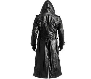 Handmade Black Leather Creed Hooded Coat For Cosplay - Pure Cowhide Leather Steampunk Long Coat - Leather Winter Medieval Cosplay OverCoat