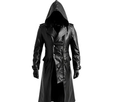 Handmade Black Leather Creed Hooded Coat For Cosplay - Pure Cowhide Leather Steampunk Long Coat - Leather Winter Medieval Cosplay OverCoat