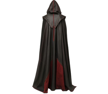 Handmade Red & Black Leather Medieval Hooded Cloak - Leather Cloak With Suit For Cosplay - Hooded Cloak Leather Gift For Men