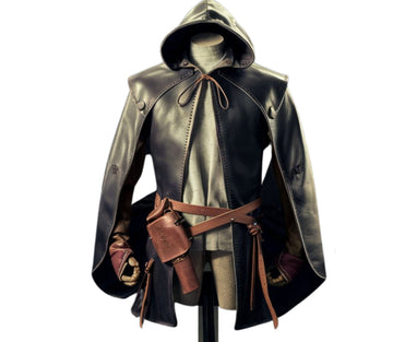 Handmade Genuine Black Leather Medieval Hooded Cloak - Leather Cloak With Vest For Cosplay - Hooded Cloak Leather Gift For Men