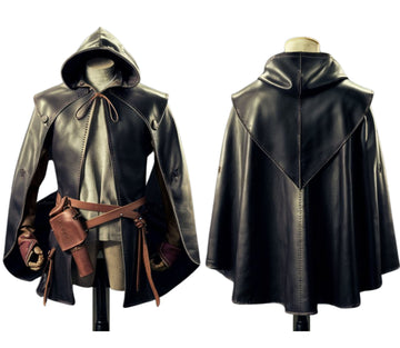 Handmade Genuine Black Leather Medieval Hooded Cloak - Leather Cloak With Vest For Cosplay - Hooded Cloak Leather Gift For Men