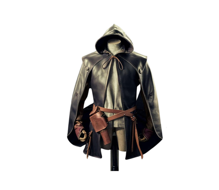 Handmade Genuine Black Leather Medieval Hooded Cloak - Leather Cloak With Vest For Cosplay - Hooded Cloak Leather Gift For Men