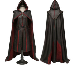 Handmade Red & Black Leather Medieval Hooded Cloak - Leather Cloak With Suit For Cosplay - Hooded Cloak Leather Gift For Men