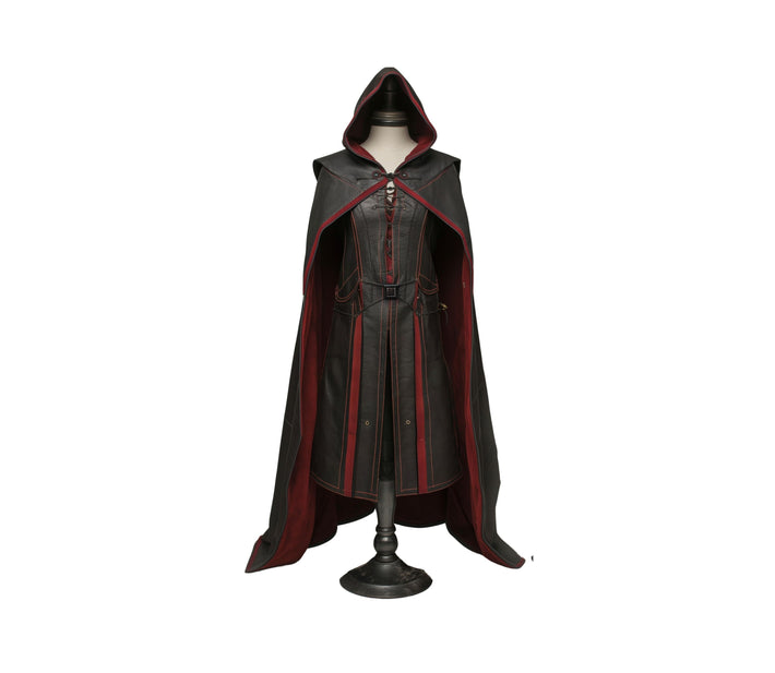 Handmade Red & Black Leather Medieval Hooded Cloak - Leather Cloak With Suit For Cosplay - Hooded Cloak Leather Gift For Men