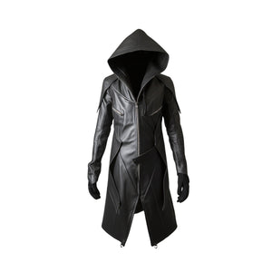 Vintage Long Black Leather Trench Coat for Men - Hooded Trench Coat