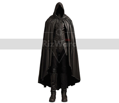 Handmade Leather Hooded Fantasy Cloak - Black Leather Medieval Cloak with Vest - Leather Cape Costume For Cosplay - Hooded Viking Cloak Gift