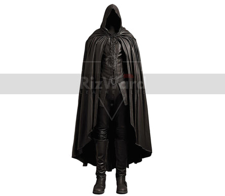 Handmade Leather Hooded Fantasy Cloak - Black Leather Medieval Cloak with Vest - Leather Cape Costume For Cosplay - Hooded Viking Cloak Gift