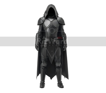 Pure Black Leather Medieval Cloak Armour - Leather Knight Armor - Hooded Cloak Costume For Cosplay - Medieval Armor LARP Festival Outfit
