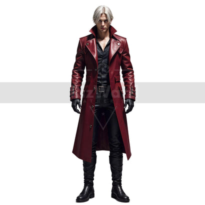 Dante Inspired Leather Trench Coat Steampunk Red Leather Coat For Cosplay Gothic Medieval OverCoat Anime Cosplay Long Coat Devil May Cry