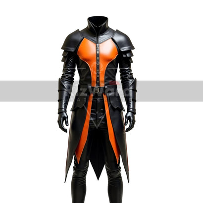 Black and Orange Armored Leather Suit - Leather Viking Armor Costume - Assassin Warrior Armor Kilt - Leather Medieval Cosplay Chest Armor