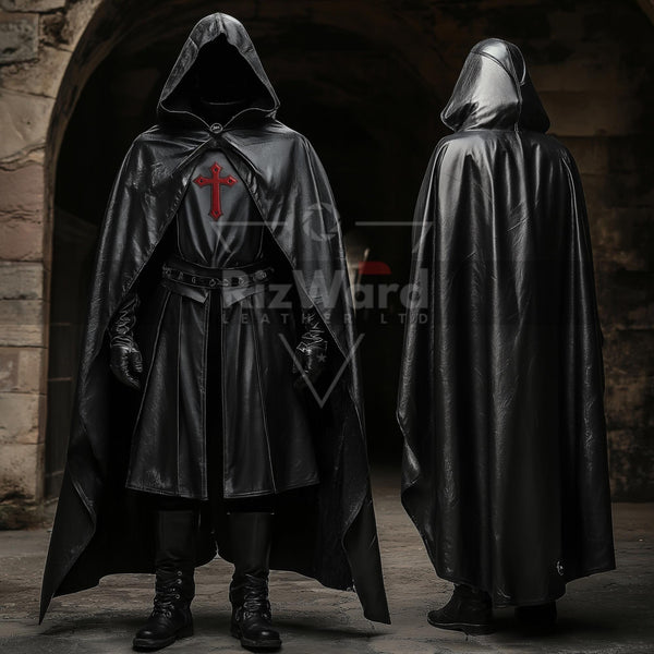 Handmade Black Leather Medieval Hooded Cloak - Leather Knight Cloak wi ...