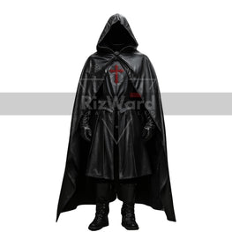 Handmade Black Leather Medieval Hooded Cloak - Leather Knight Cloak with Suit Cosplay - Leather Templar Armour Costume - Renaissance Cloak