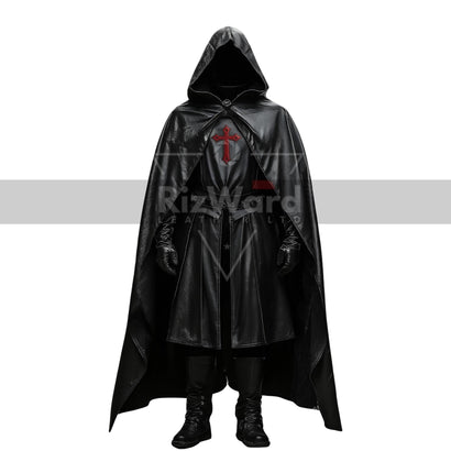 Handmade Black Leather Medieval Hooded Cloak - Leather Knight Cloak with Suit Cosplay - Leather Templar Armour Costume - Renaissance Cloak