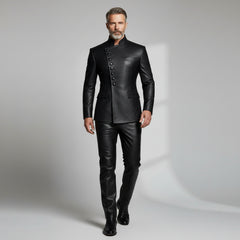 Black PU leather stand collar men’s fashion jacket