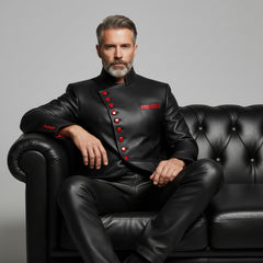 Men’s red leather fashion jacket with asymmetrical closure