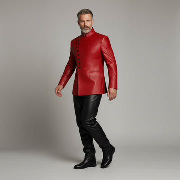 Men’s black leather asymmetrical button jacket with red buttons