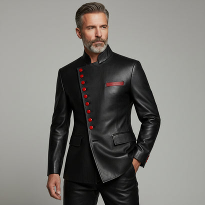 Men’s red leather asymmetrical button jacket front view