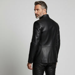 Men’s Black Asymmetrical Leather Button Jacket – Modern Statement Outerwear