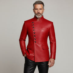 Men’s Red Leather Statement Jacket – Luxury Buttoned Fashion Outerwear