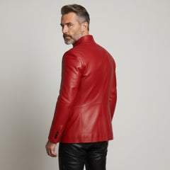 Men’s Red Leather Statement Jacket – Luxury Buttoned Fashion Outerwear