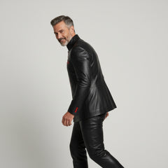 Red PU leather statement jacket with stand collar