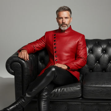 Men’s black leather asymmetrical button jacket with red buttons