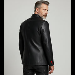 Men’s Black Leather Statement Jacket – Luxury Red Button Outerwear