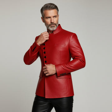 Men’s black leather asymmetrical button jacket with red buttons