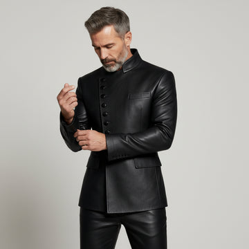 Men’s black asymmetrical leather button jacket front view