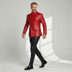 Men’s Red Leather Statement Jacket – Luxury Buttoned Fashion Outerwear