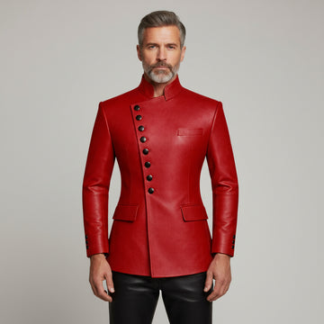 Men’s black leather asymmetrical button jacket with red buttons