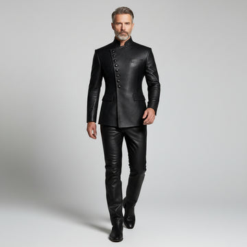 Men’s black asymmetrical leather button jacket front view
