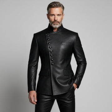 Men’s black asymmetrical leather button jacket front view