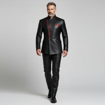 Men’s red leather asymmetrical button jacket front view