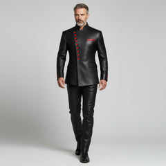 Men’s Black Leather Statement Jacket – Luxury Red Button Outerwear