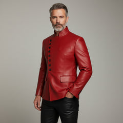 Men’s Red Leather Statement Jacket – Luxury Buttoned Fashion Outerwear