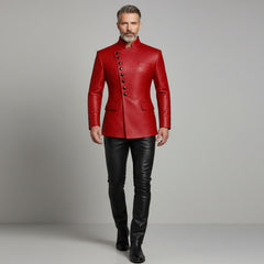 Men’s Red Leather Statement Jacket – Luxury Buttoned Fashion Outerwear