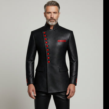 Men’s red leather asymmetrical button jacket front view