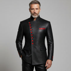 Men’s Black Leather Statement Jacket – Luxury Red Button Outerwear