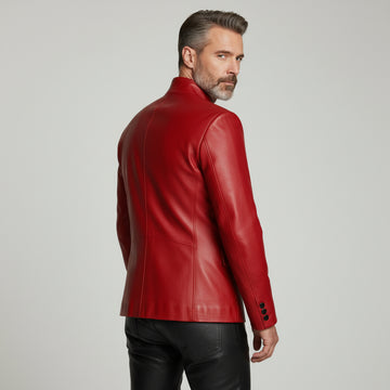 Men’s black leather asymmetrical button jacket with red buttons