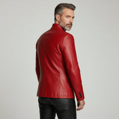 Men’s Red Leather Statement Jacket – Luxury Buttoned Fashion Outerwear