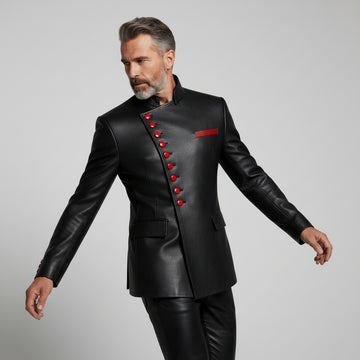Men’s red leather asymmetrical button jacket front view