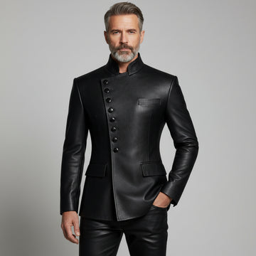 Men’s black asymmetrical leather button jacket front view