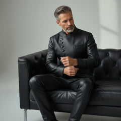 Men’s Black Asymmetrical Leather Button Jacket – Modern Statement Outerwear