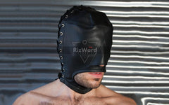 A Person Wearing Open Mouth Leather Bondage Hood