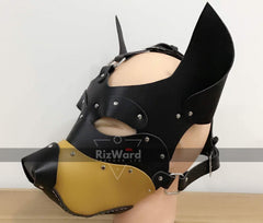 side view of dummy head wearing a leather pup mask