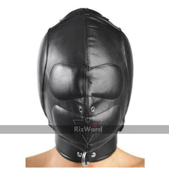 Front view of Person head wearing a Total Lockdown Leather Padded Bondage Mask
