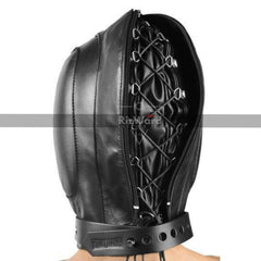 Back view of Person head wearing a Total Lockdown Leather Padded Bondage Mask showing its adjustable laces and strap